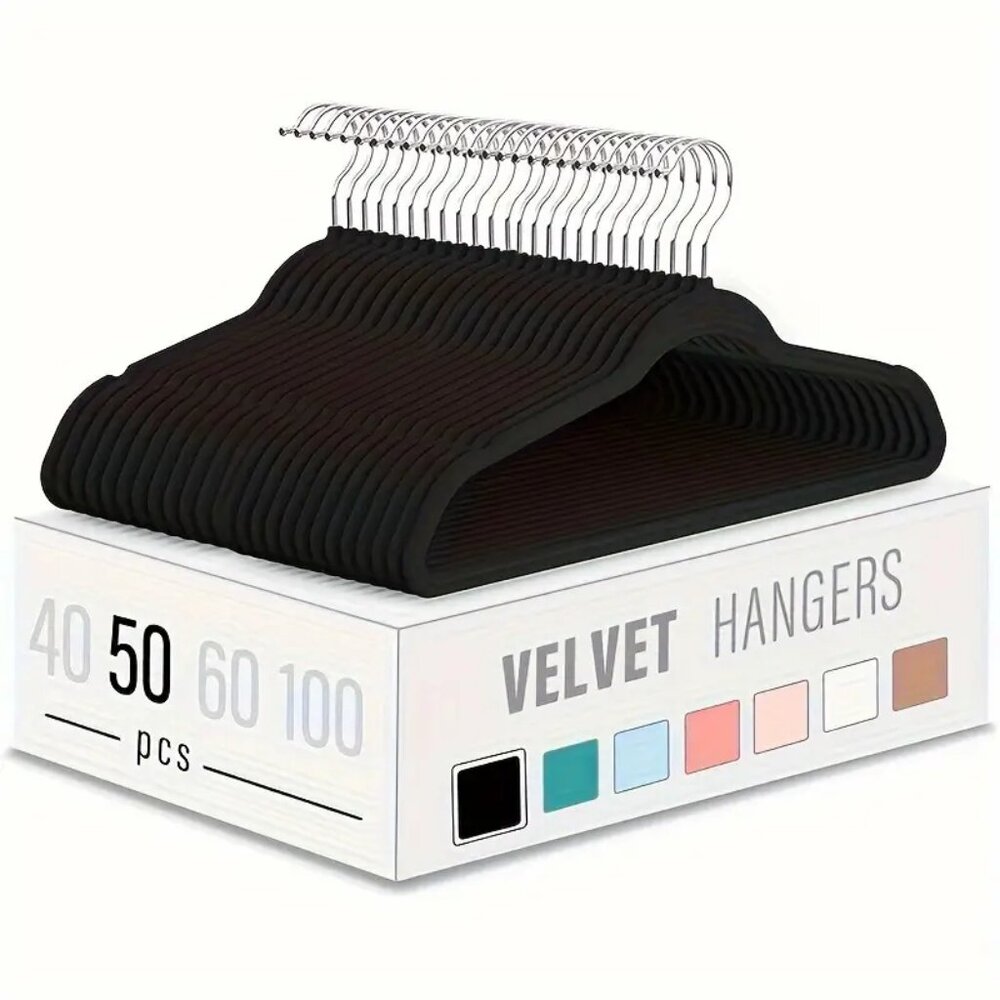 50pcs Black Velvet Premium Non-Slip Clothes Hangers